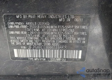 2011 Subaru Forester 2.5X Premium z USA, uszkodzony, nr VIN JF2SHBCC8BH771668